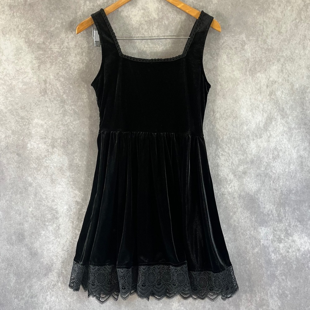 Disturbia Velvet Mini Dress Women US 6 Black Lace Trim Gothic Witchy - Picture 2 of 8